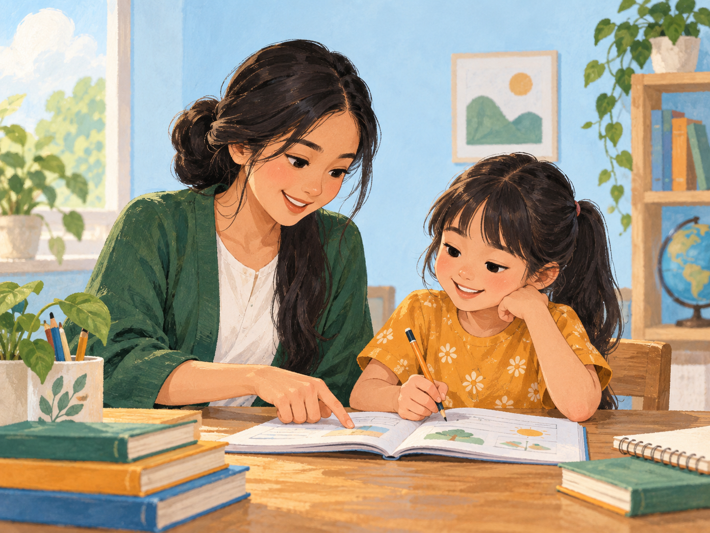 Ilustrasi tutor mendampingi anak belajar dengan hangat