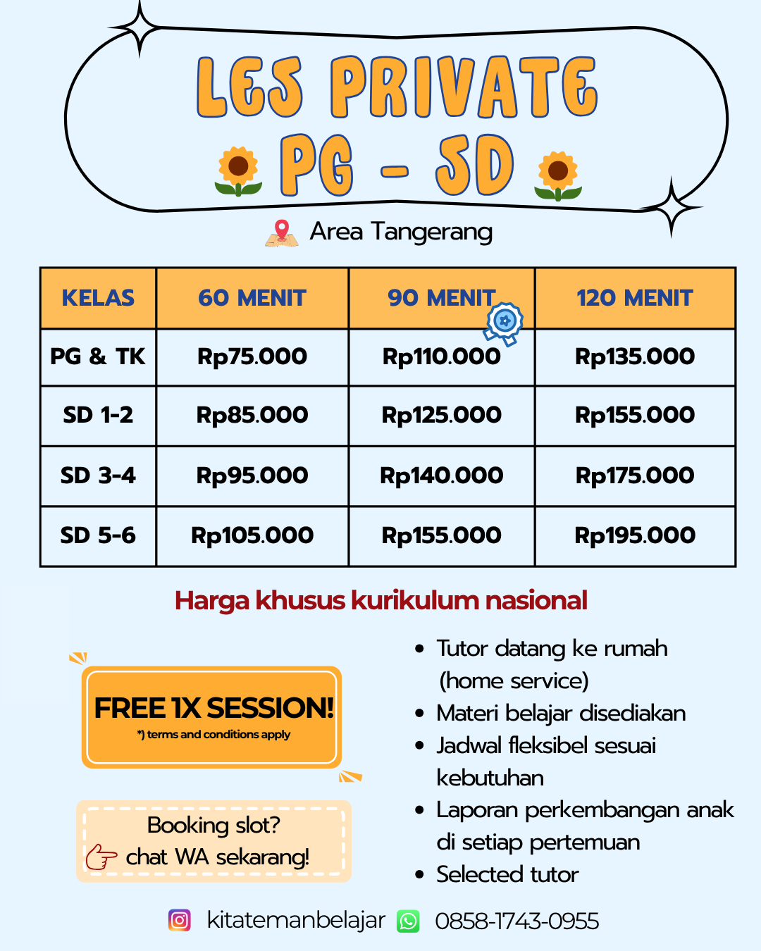 Harga les privat PG dan SD area Tangerang