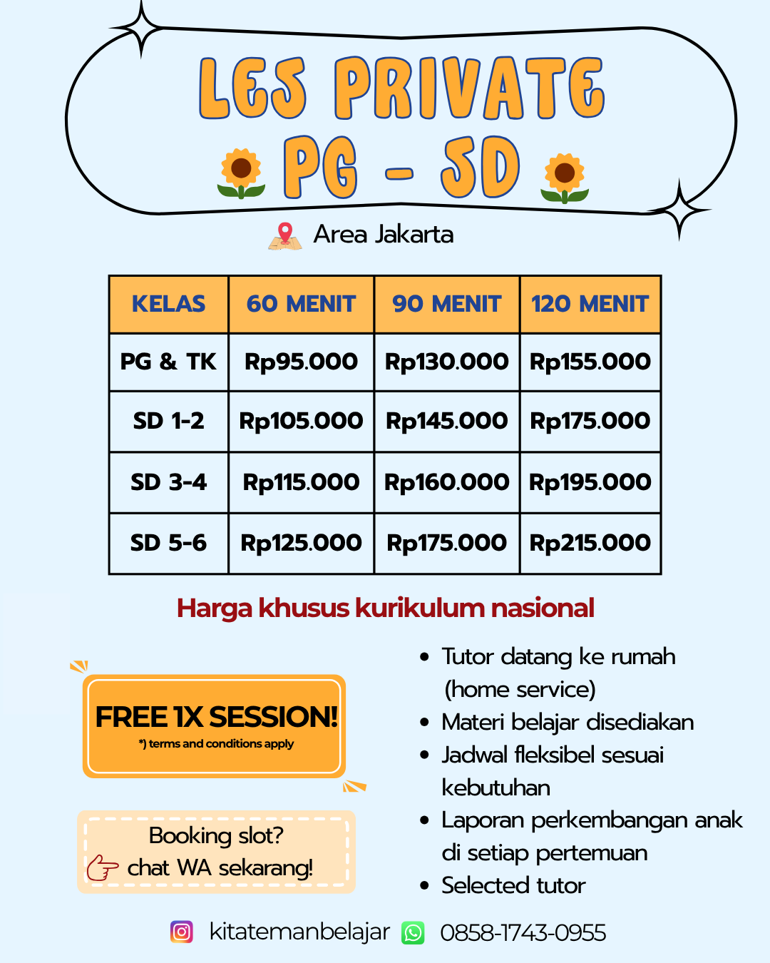 Harga les privat PG dan SD area Jakarta