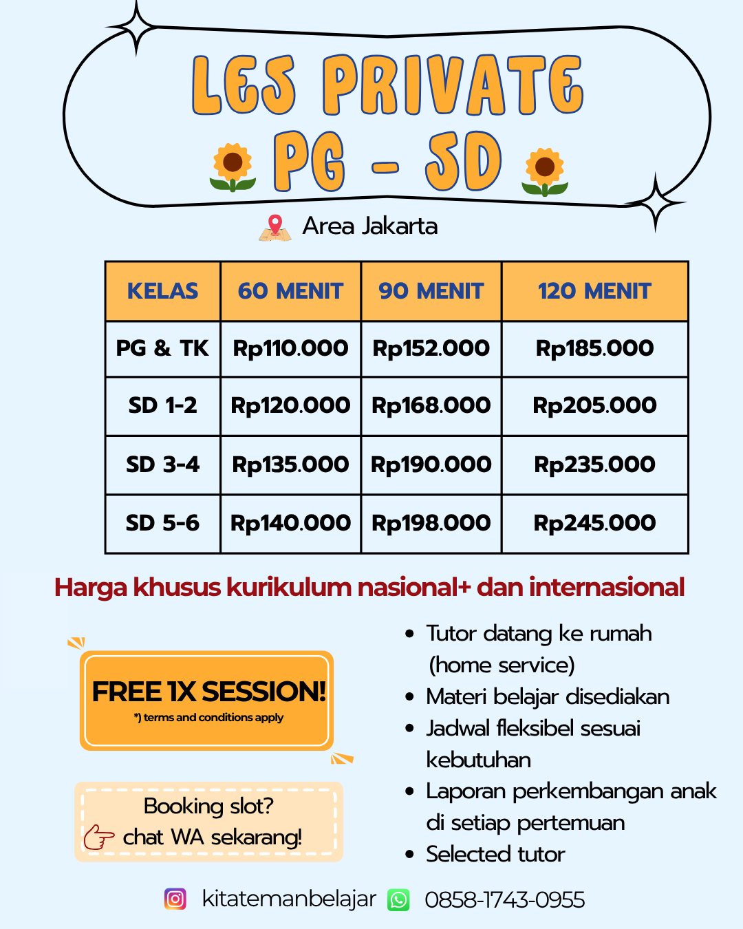 Harga les privat PG dan SD kurikulum internasional area Jakarta